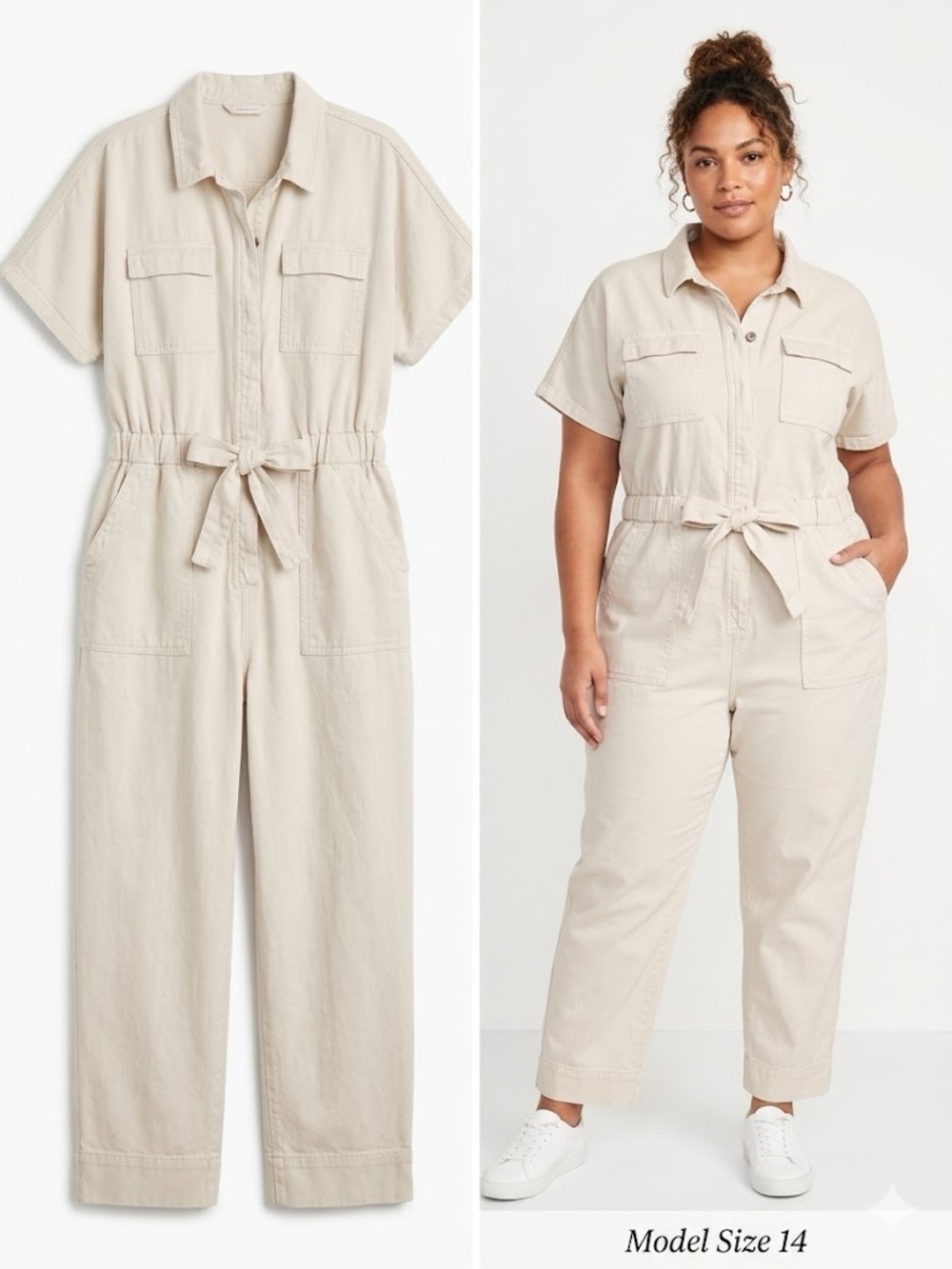 Universal Thread Short-Sleeve Tie-Waist Jumpsuit in Light Beige